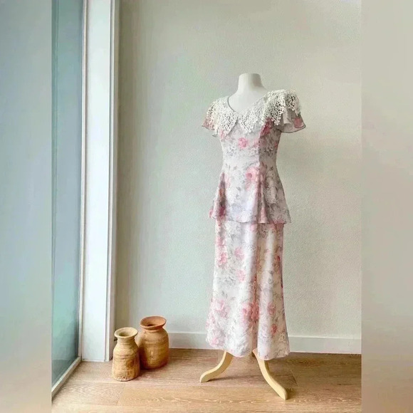 Vintage 90's Y2K Scott McClintock Floral Chiffon Tier Peplum Dress Size 8 - Picture 1 of 11